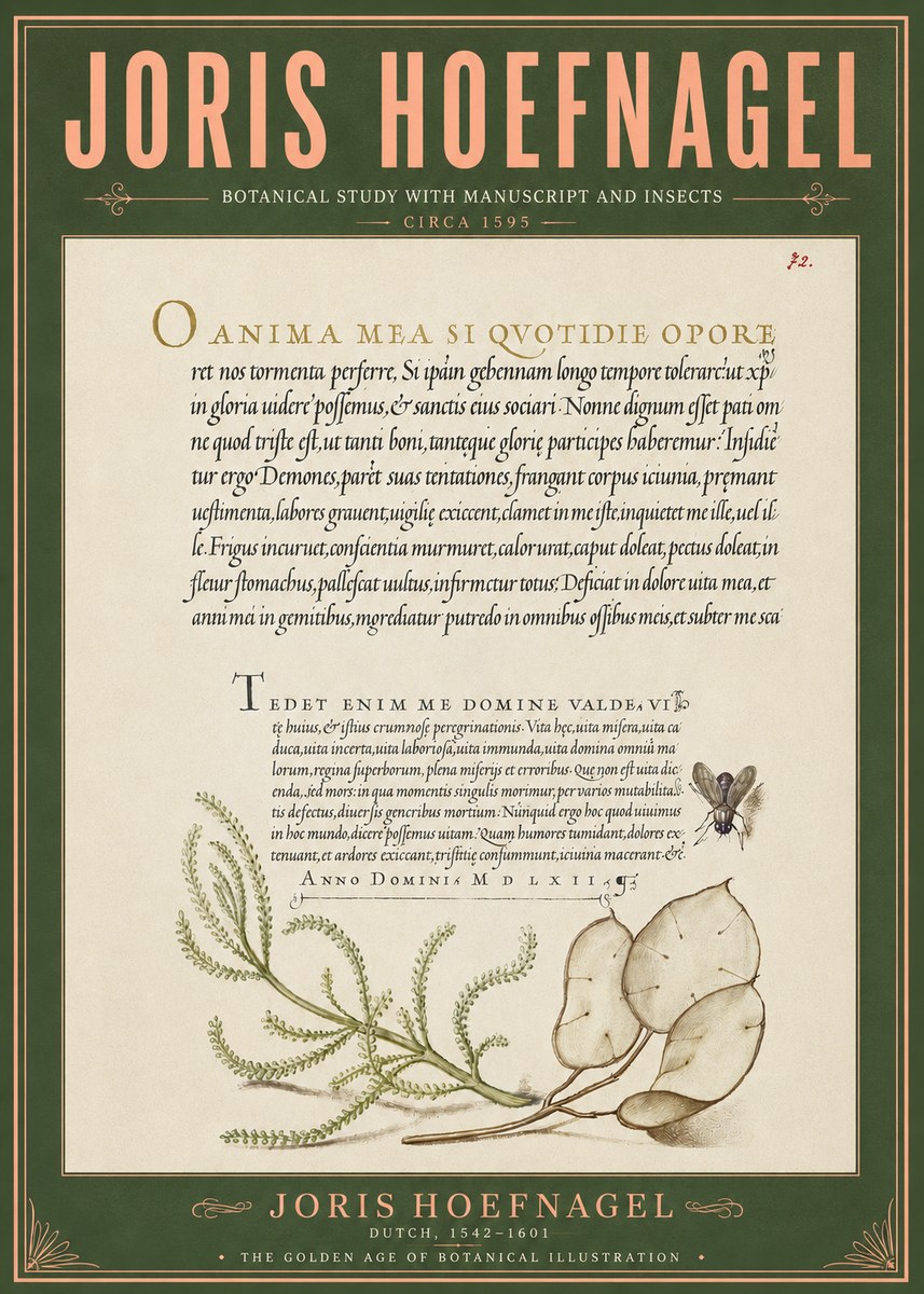 Joris Hoefnagel Botanical Study with Manuscript and Insects No6 - Poster