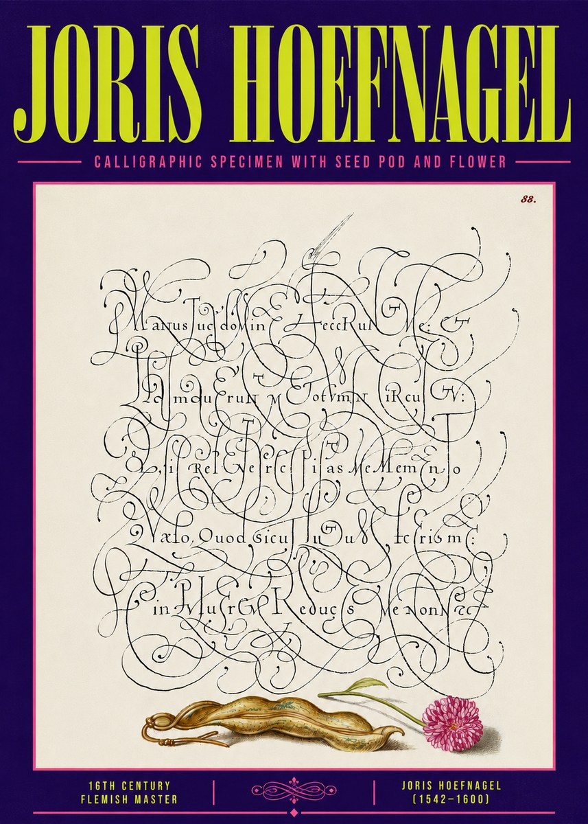 Joris Hoefnagel Calligraphic Specimen with Seed Pod and Flower No6 - Poster