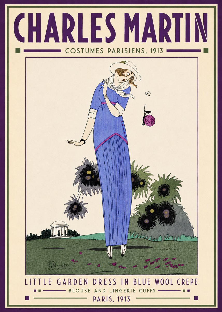 Charles Martin Little Garden Dress in Blue Wool Crepe No4 - Poster