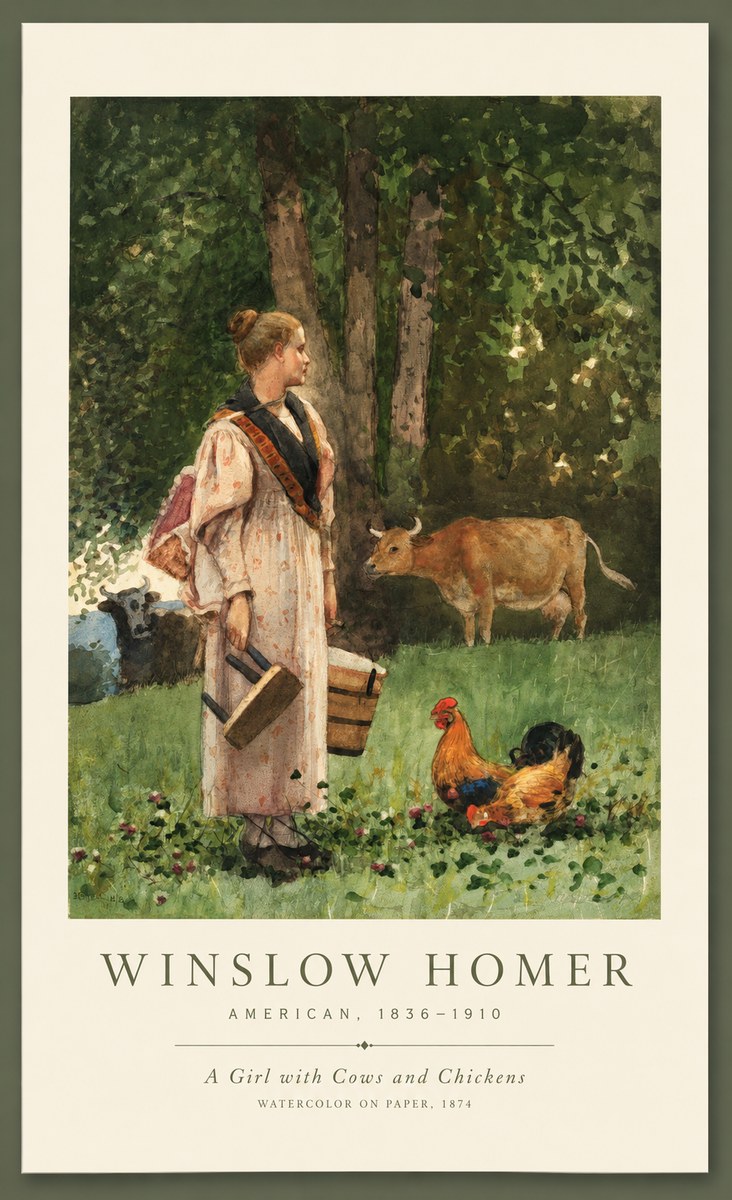 Winslow Homer A Girl with Cows and Chickens No1 - Poster