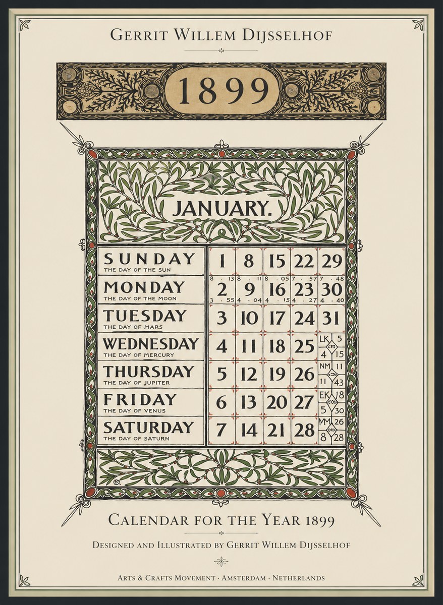Gerrit Willem Dijsselhof January. Calendar for 1899. No2 - Poster