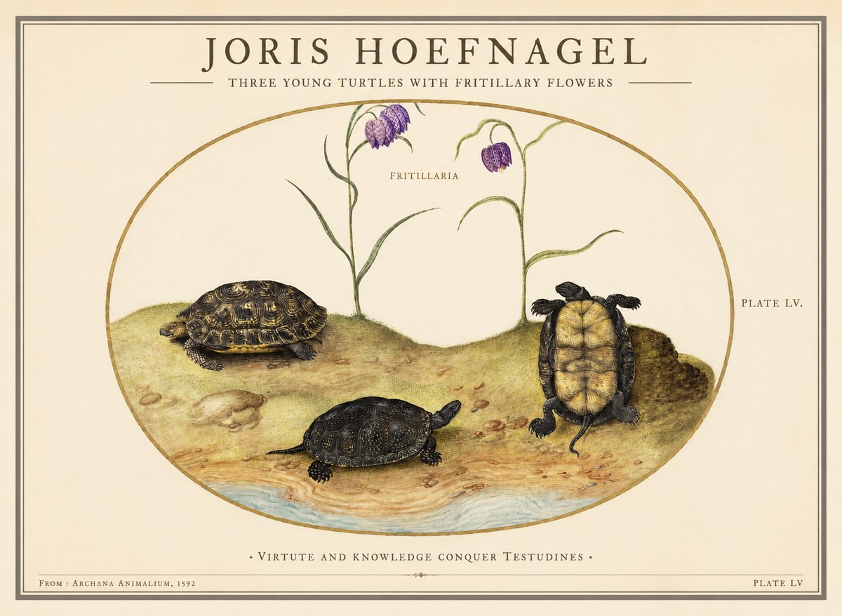 Joris Hoefnagel Three Young Turtles with Fritillary Flowers No1 - Poster