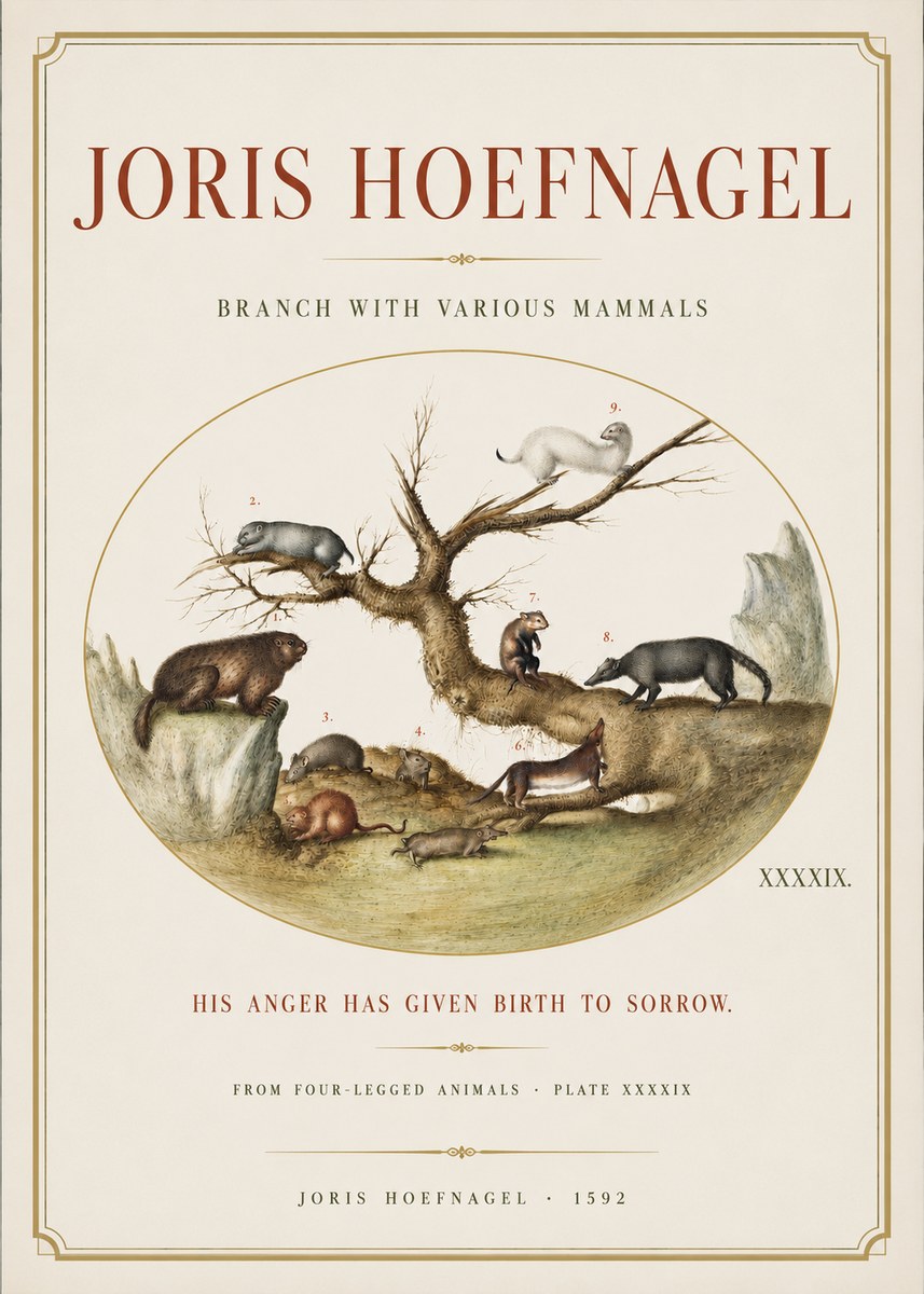 Joris Hoefnagel Branch with Various Mammals No3 - Poster