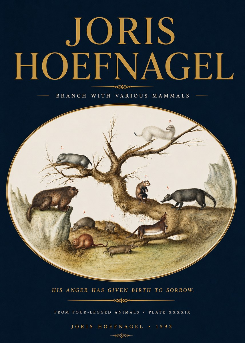 Joris Hoefnagel Branch with Various Mammals No4 - Poster