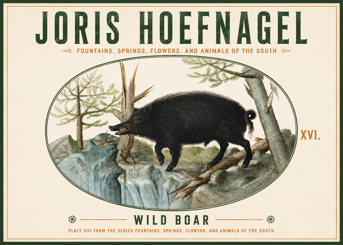 Joris Hoefnagel Fountains, Springs, Flowers, and Animals of the South - Plate Xvi No4 - Poster