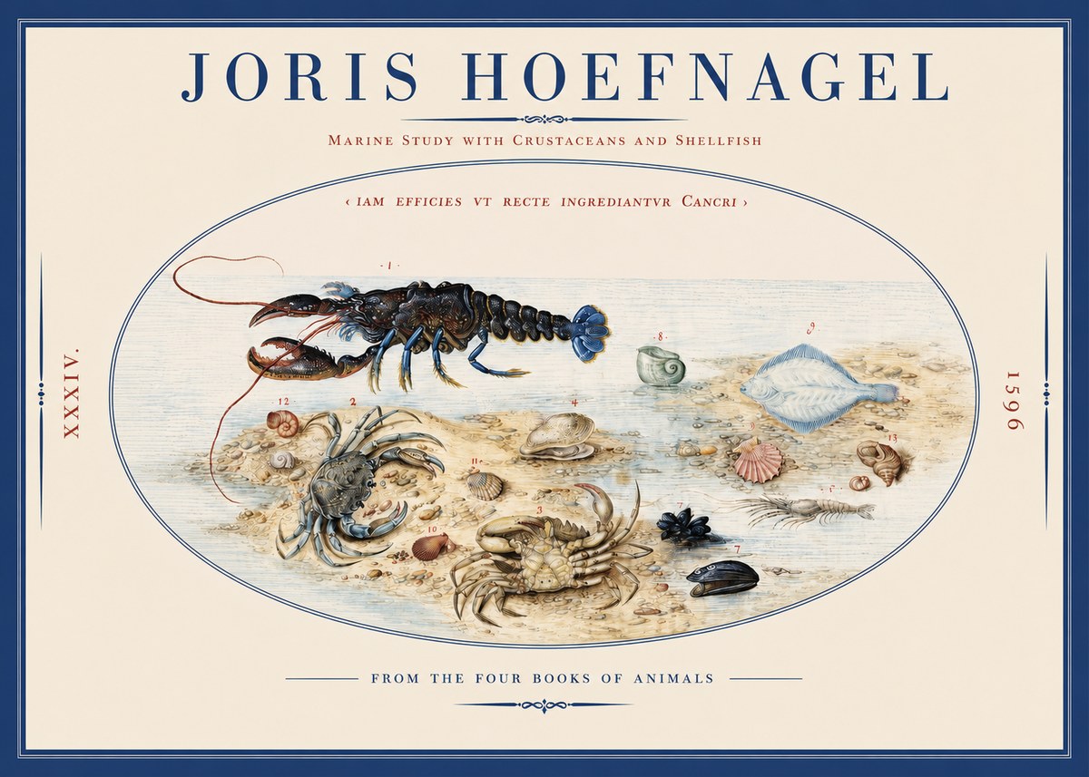 Joris Hoefnagel Marine Study with Crustaceans and Shellfish No2 - Poster