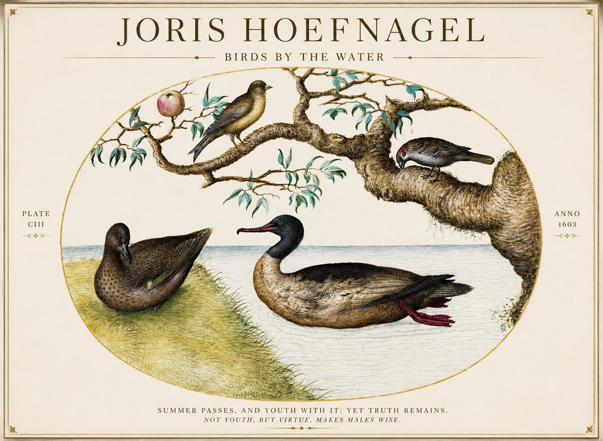 Joris Hoefnagel Ducks and Passerines with Apple Tree No5 - Poster