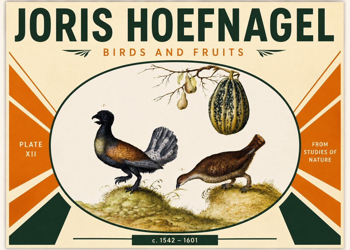 Joris Hoefnagel A Cock and Hen of the Woods with Pears and Gourd No3 - Poster
