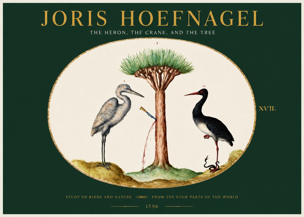 Joris Hoefnagel The Heron, the Crane, and the Tree No2 - Poster