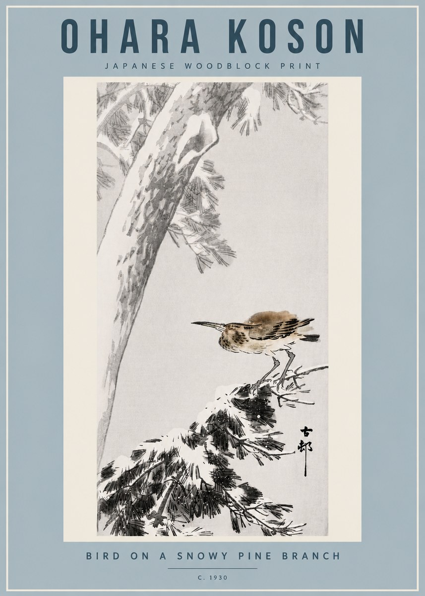 Ohara Koson Bird on a Snowy Pine Branch No4 - Poster