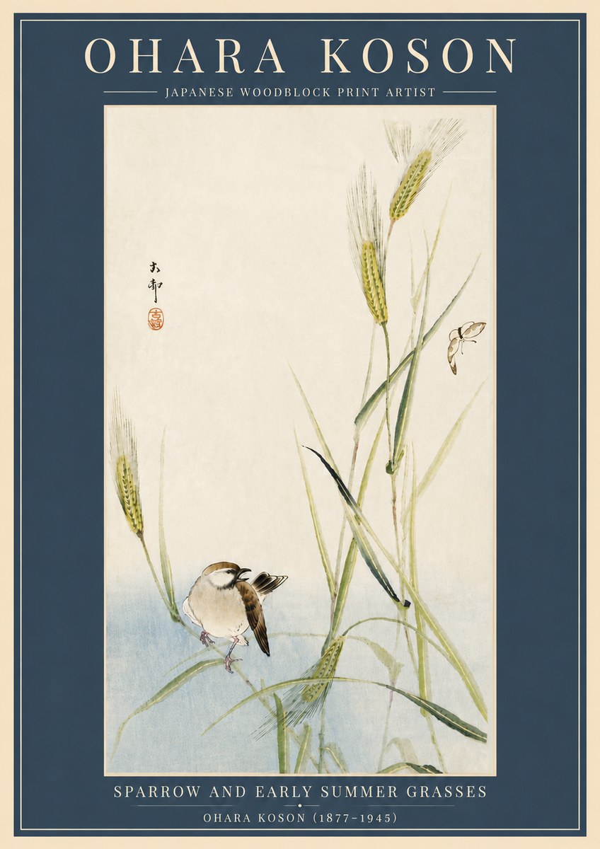 Ohara Koson Sparrow and Early Summer Grasses No6 - Poster
