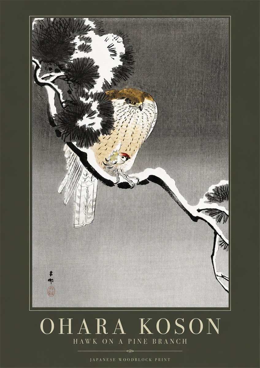 Ohara Koson Hawk on a Pine Branch No2 - Poster