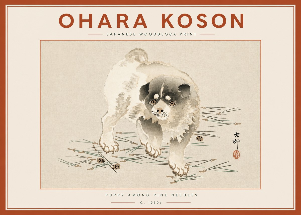 Ohara Koson Puppy Among Pine Needles No6 - Poster