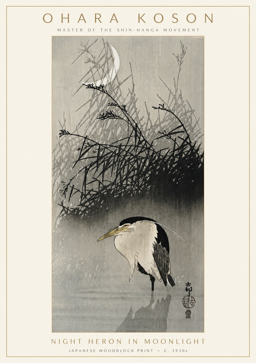 Ohara Koson Night Heron in Moonlight No3 - Poster