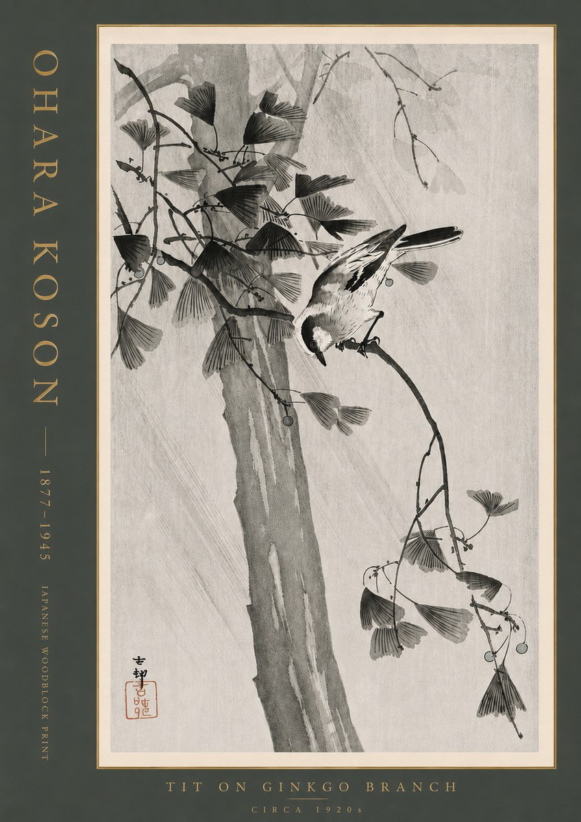 Ohara Koson Tit on Ginkgo Branch No4 - Poster