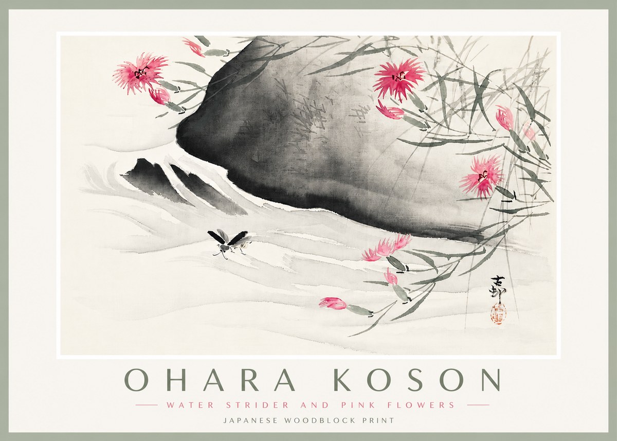 Ohara Koson Water Strider and Pink Flowers No4 - Poster