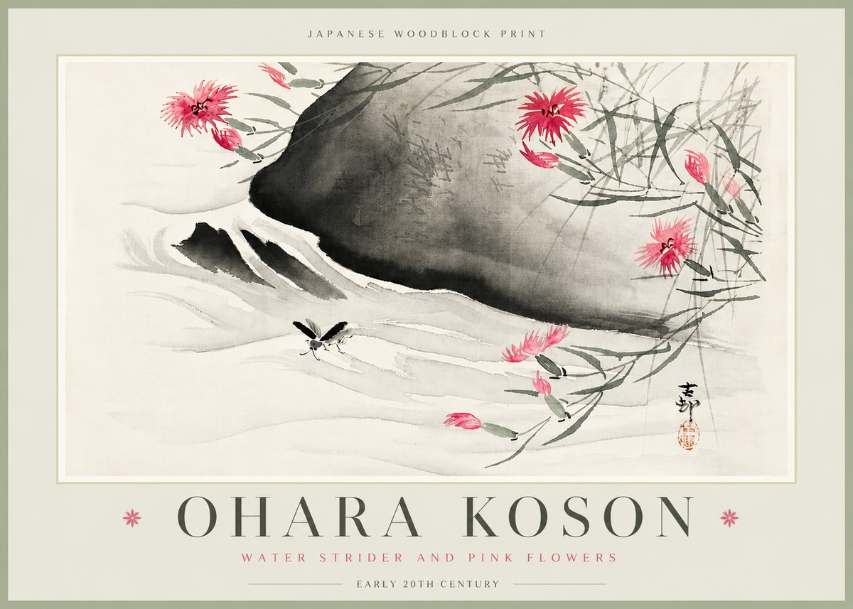 Ohara Koson Water Strider and Pink Flowers No6 - Poster