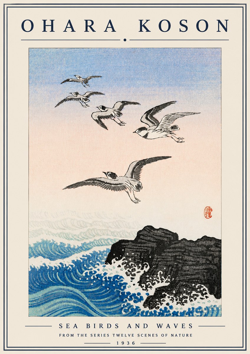 Ohara Koson Sea Birds and Waves No6 - Poster