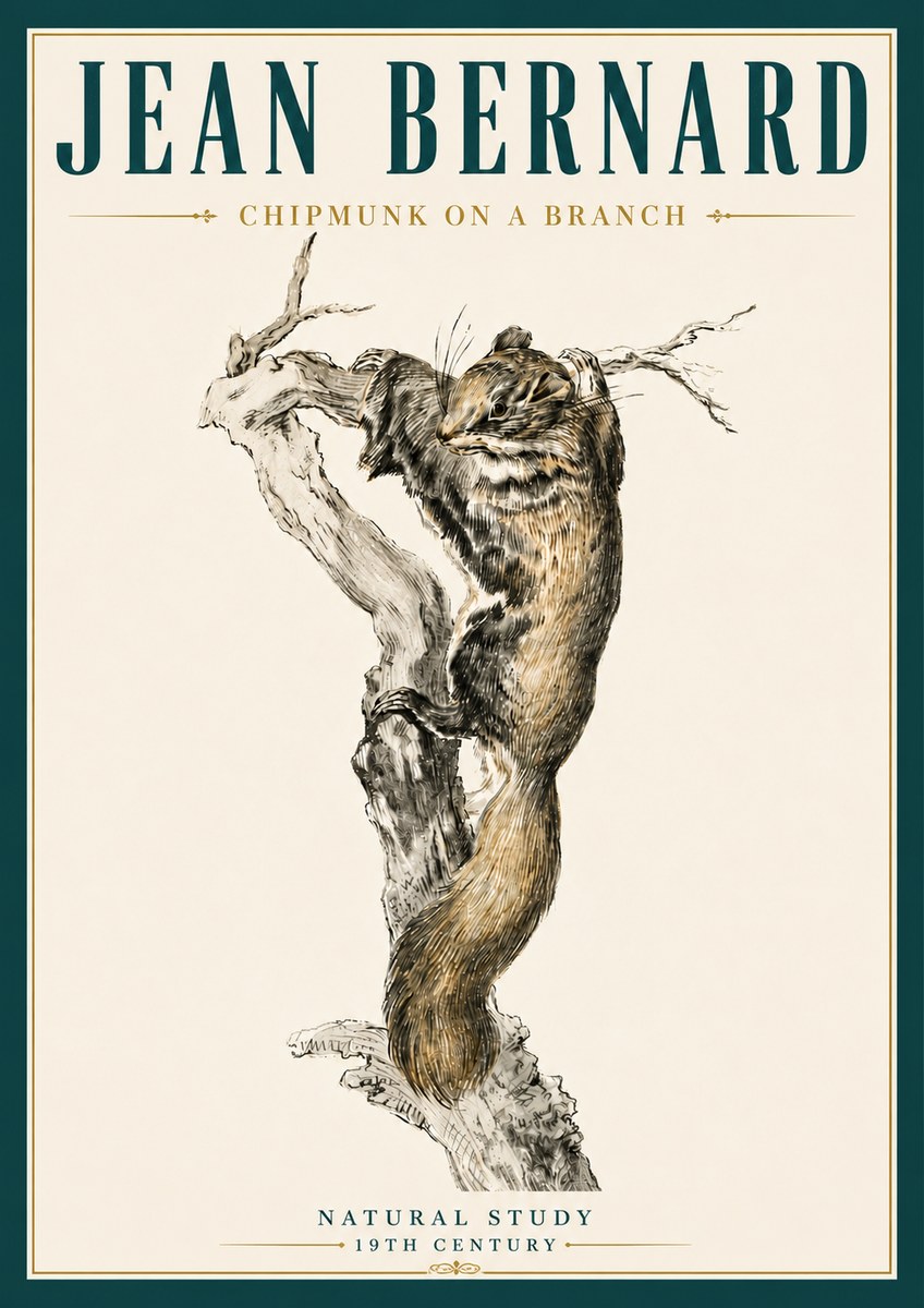 Jean Bernard Study of a Squirrel Climbing a Branch No6 - Poster