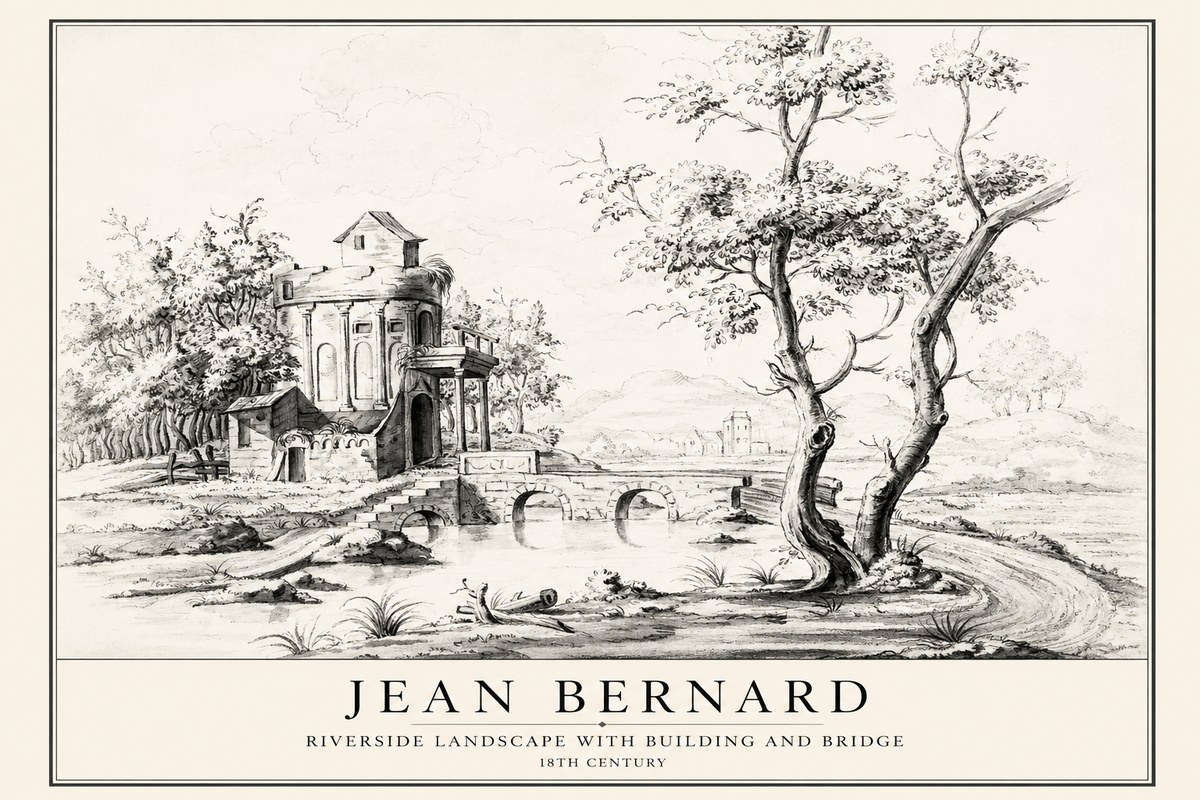 Jean Bernard Riverside Landscape with Bridge and Tower No4 - Poster