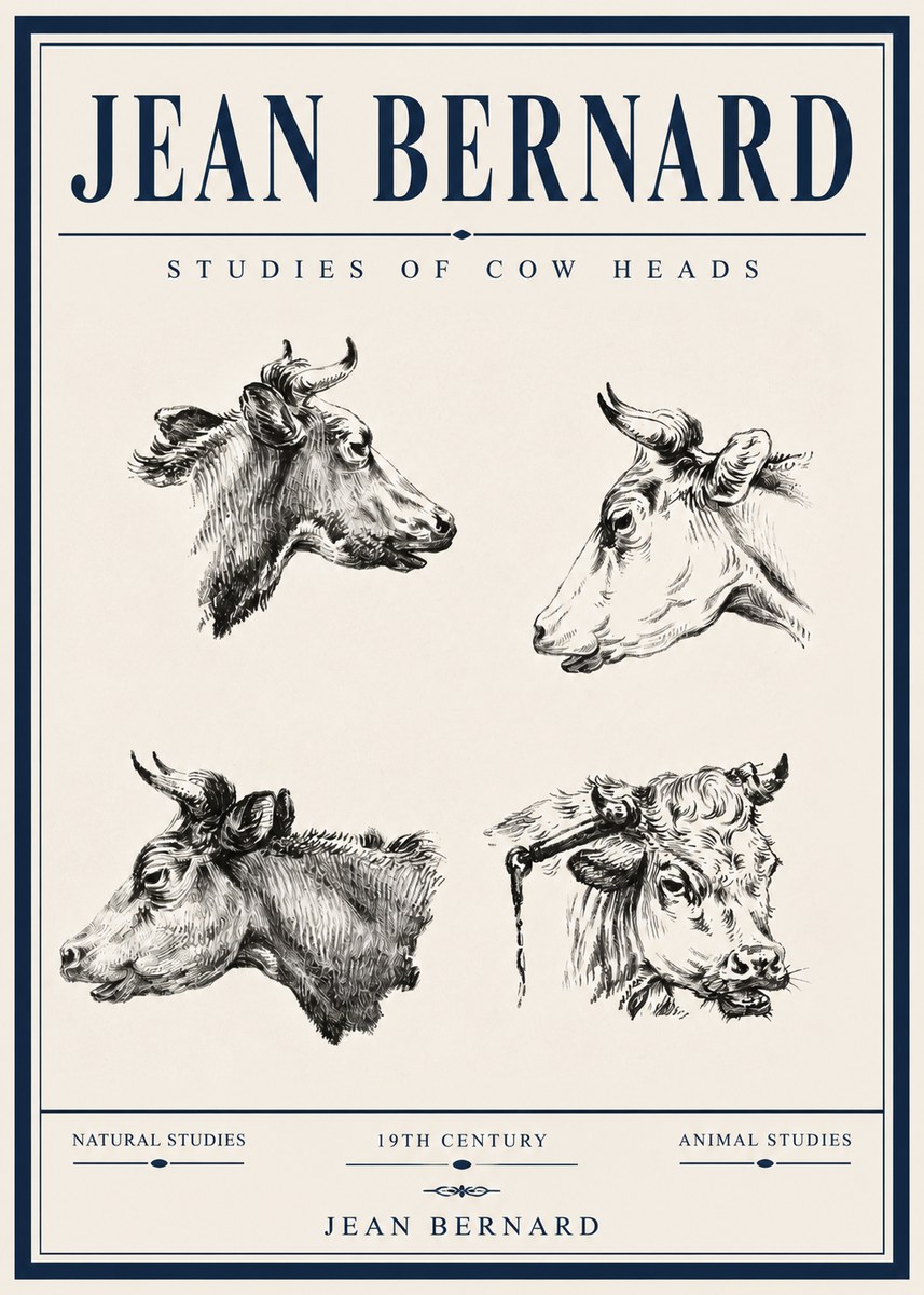 Jean Bernard Studies of Cattle - Four Heads No6 - Poster