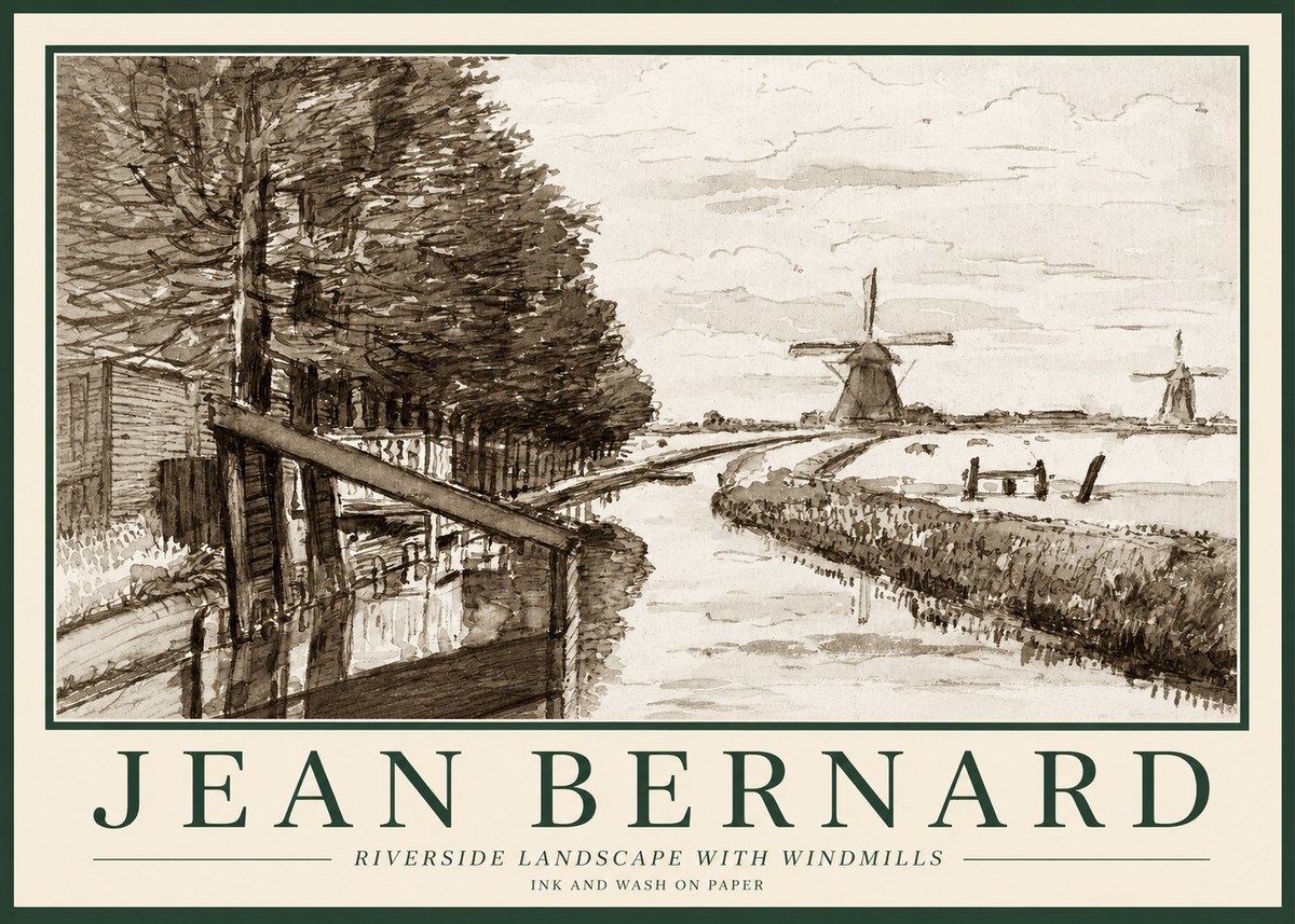 Jean Bernard Riverside Landscape with Windmills No1 - Poster