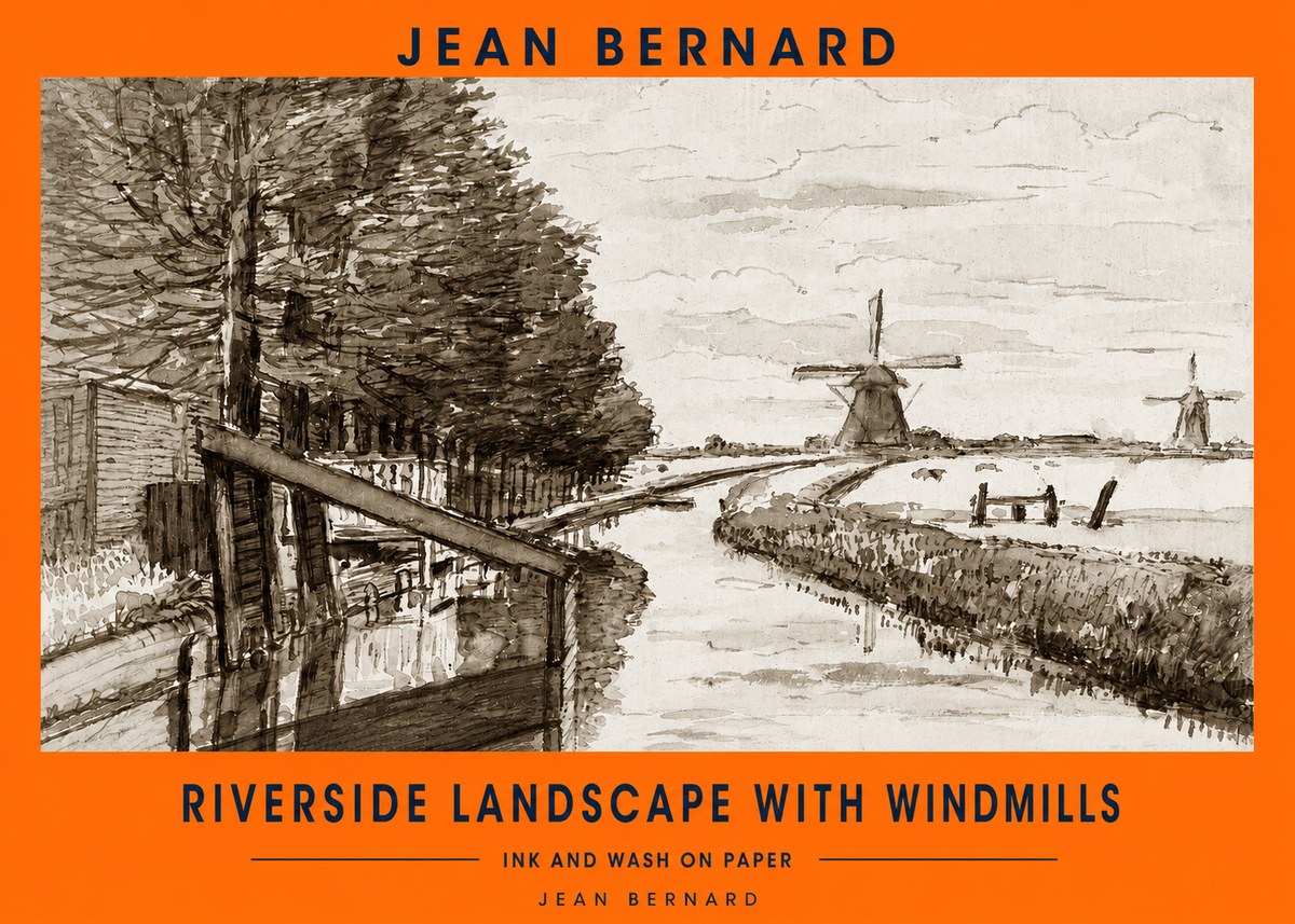 Jean Bernard Riverside Landscape with Windmills No2 - Poster