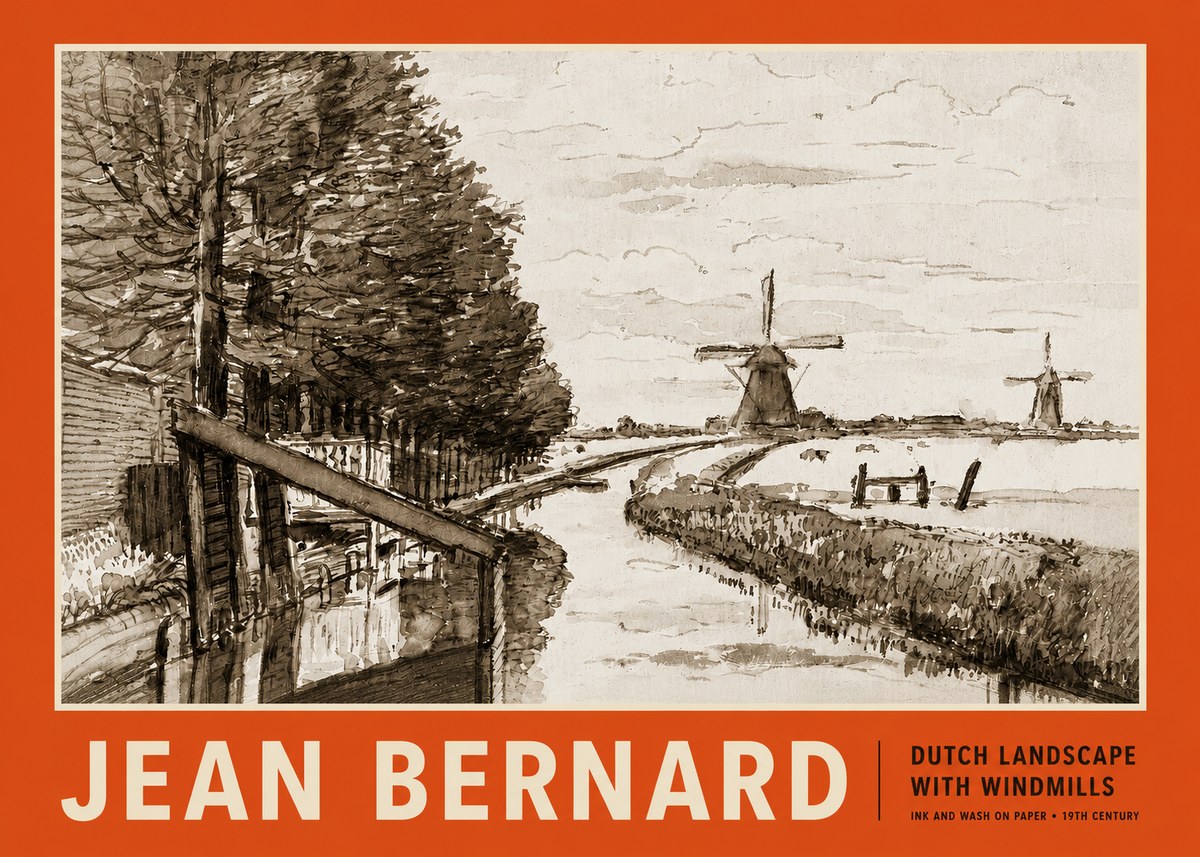 Jean Bernard Riverside Landscape with Windmills No5 - Poster