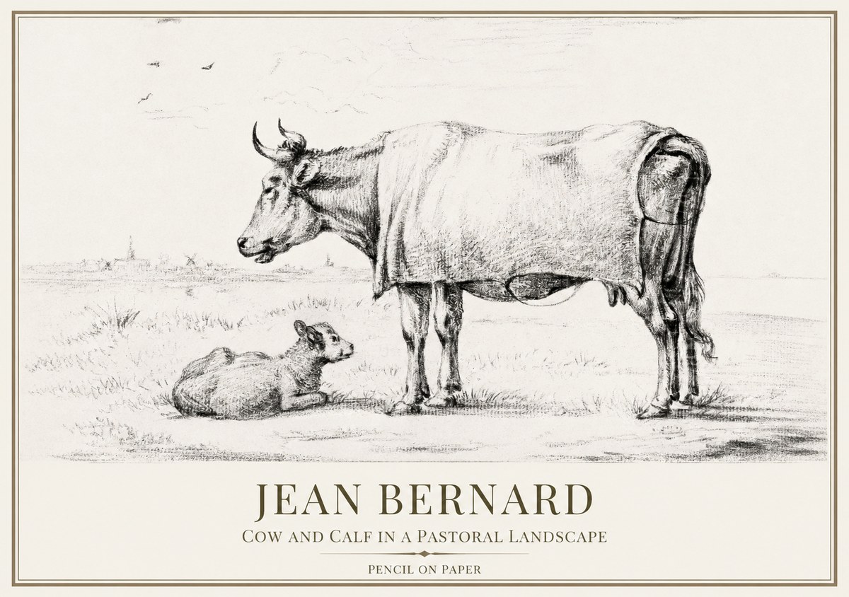 Jean Bernard Cow and Calf in a Pastoral Landscape No1 - Poster