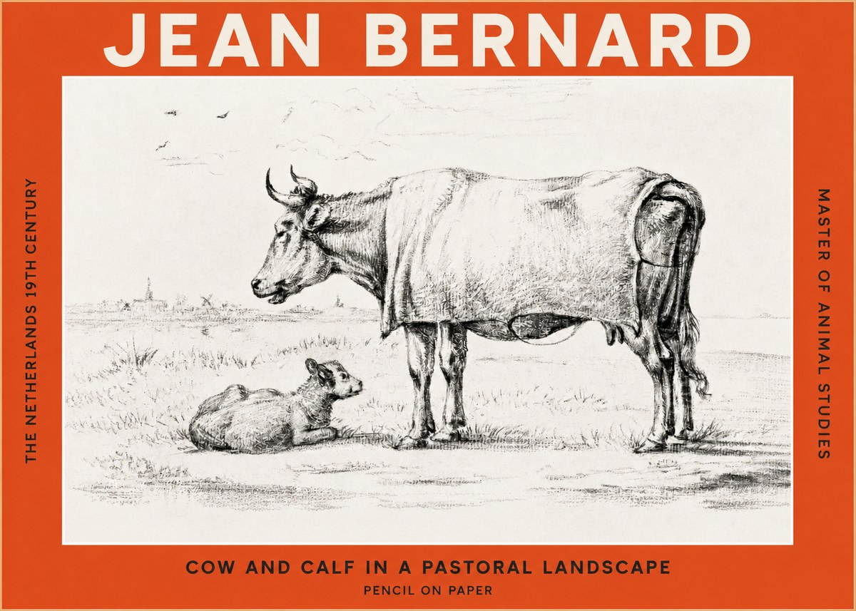 Jean Bernard Cow and Calf in a Pastoral Landscape No2 - Poster