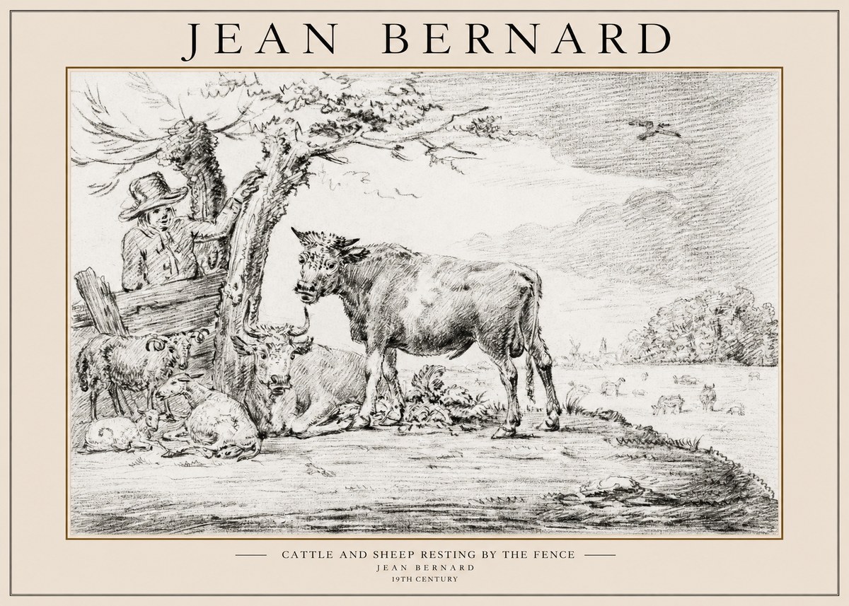 Jean Bernard Cattle and Sheep Resting by the Fence No1 - Poster