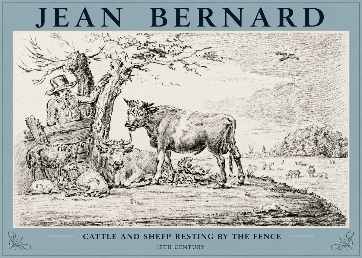 Jean Bernard Cattle and Sheep Resting by the Fence No3 - Poster