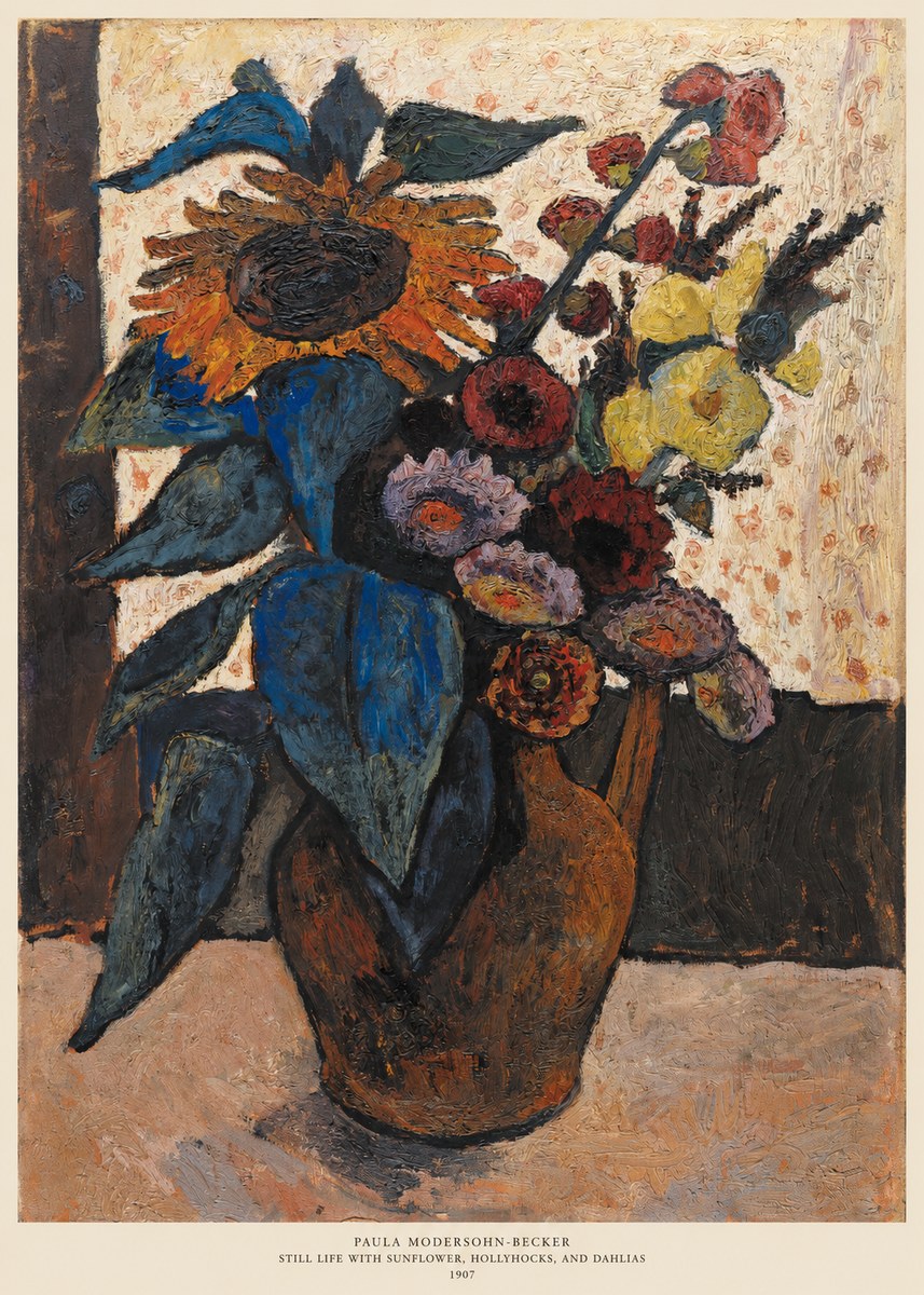 Paula Modersohn-Becker Still Life with Sunflower, Hollyhocks, and Dahlias No6 - Poster