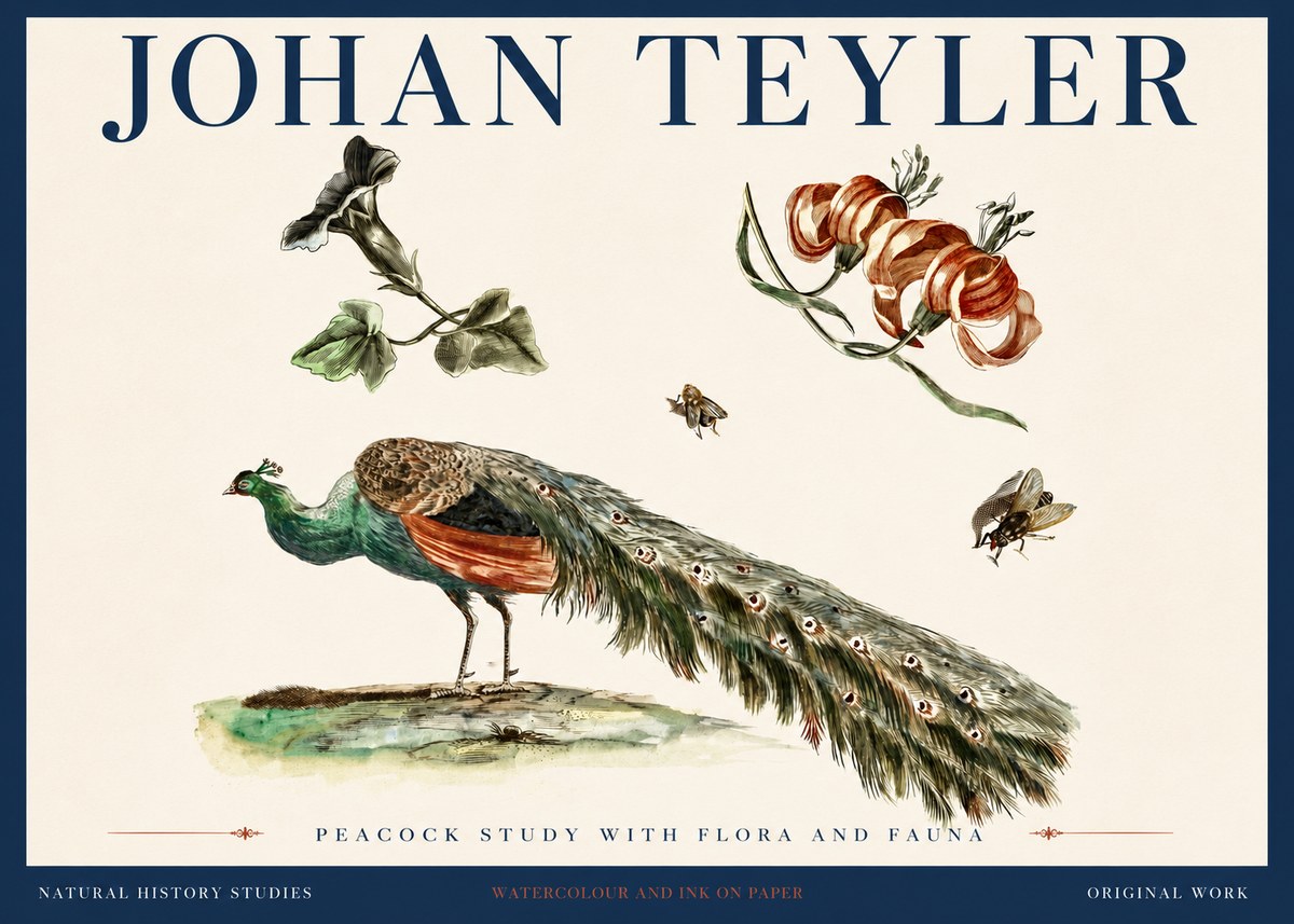 Johan Teyler Peacock Study with Flora and Fauna No4 - Poster