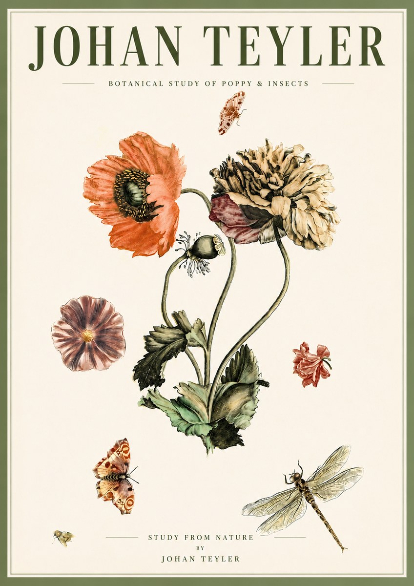 Johan Teyler Botanical Study of Poppy & Insects No5 - Poster