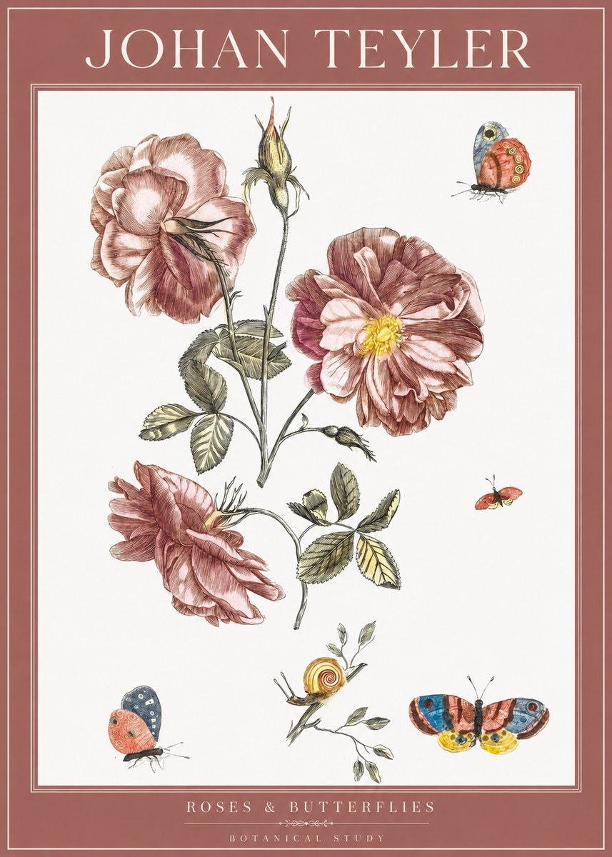 Johan Teyler Roses & Butterflies - Botanical Study No1 - Poster