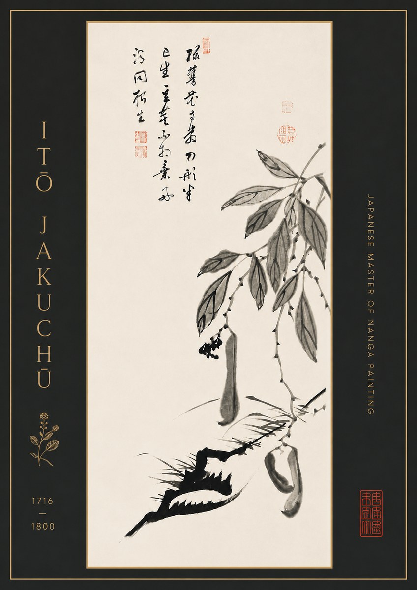 Itō Jakuchū Branch with Pods and Calligraphy No7 - Poster