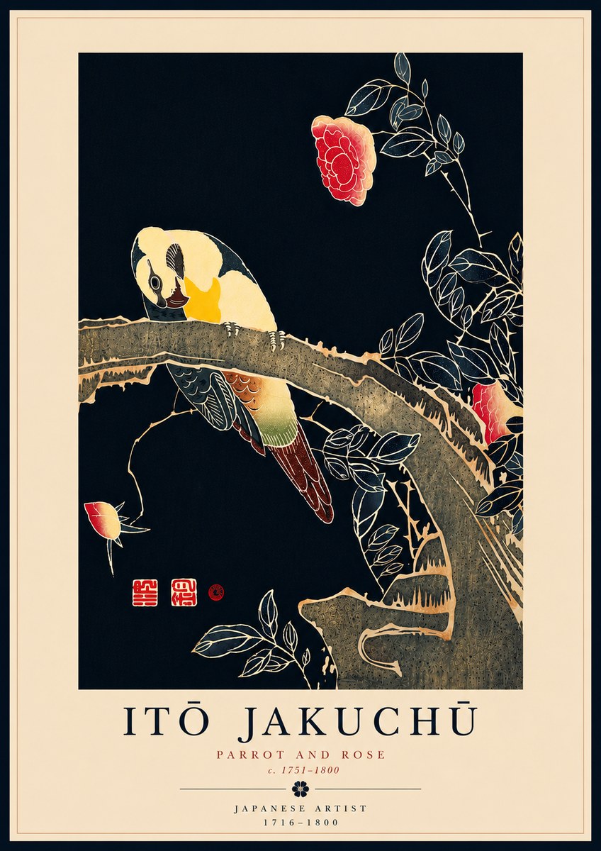 Itō Jakuchū Parrot and Rose No8 - Poster
