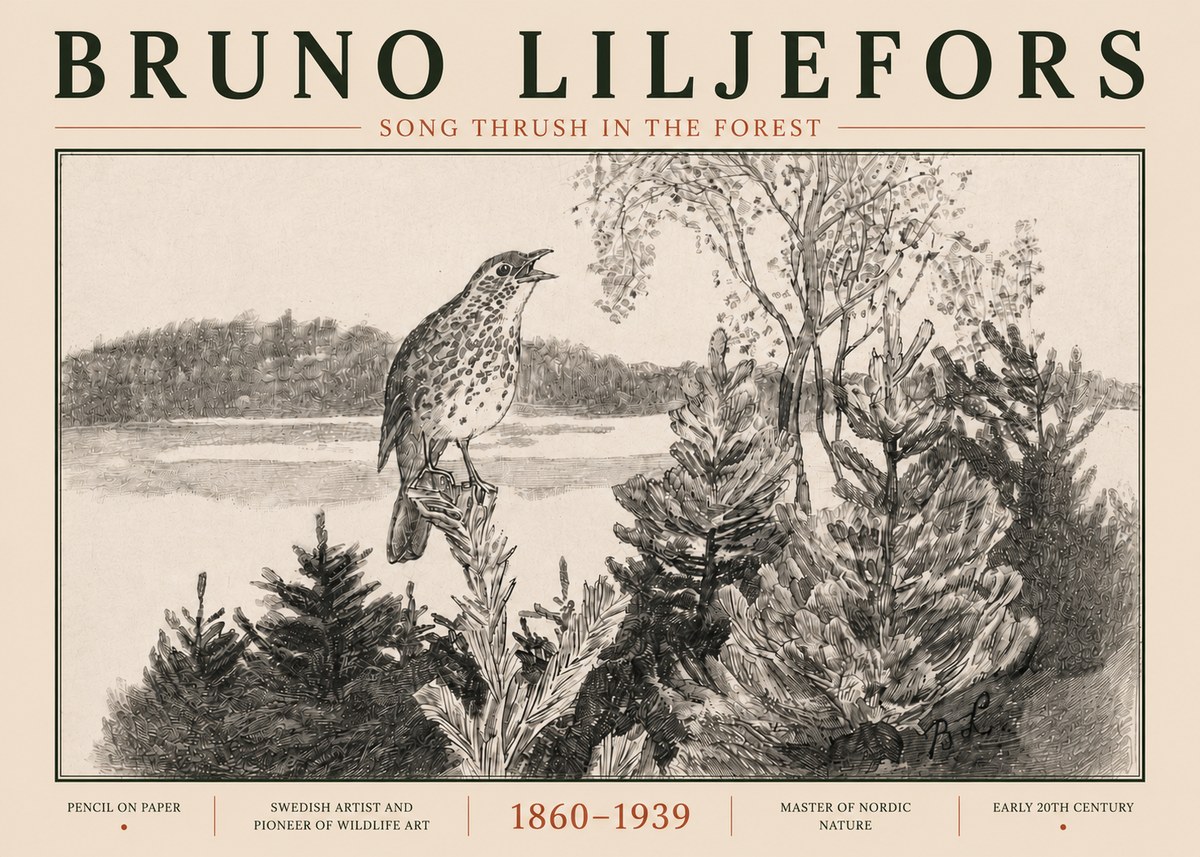 Bruno Liljefors Song Thrush in the Forest No5 - Poster