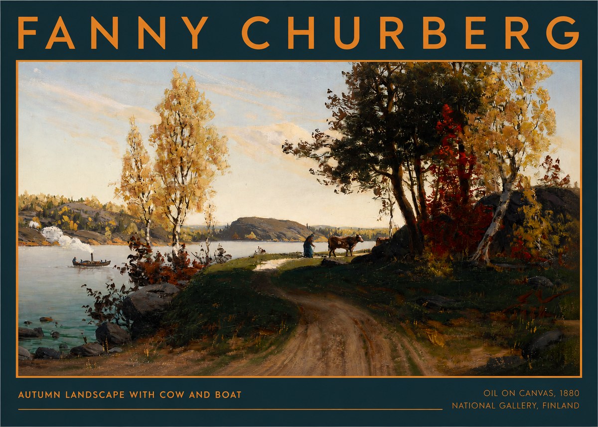 Fanny Churberg Autumn Landscape with Cow and Boat No2 - Poster