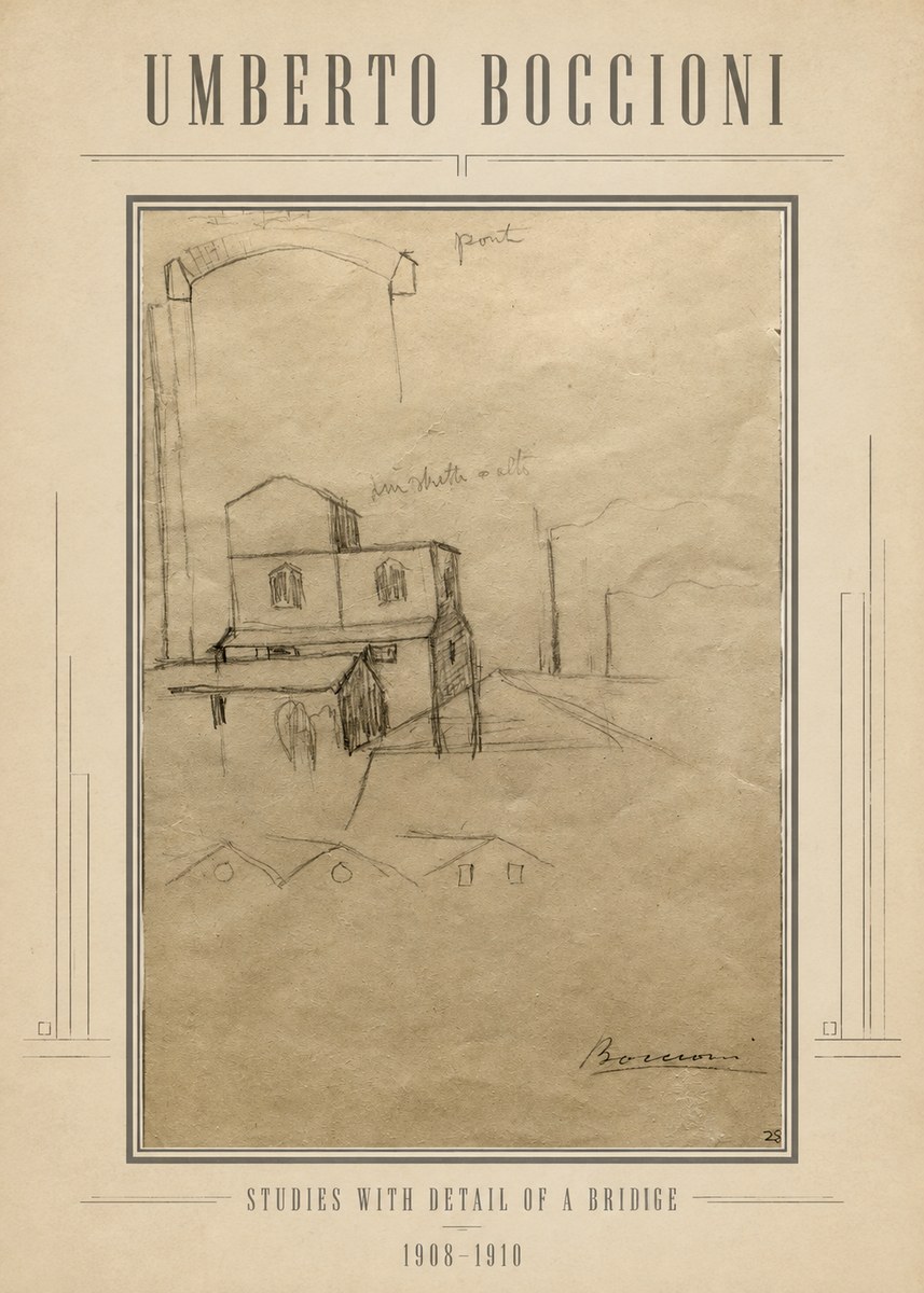 Umberto Boccioni Studies with Detail of a Bridige No1 - Poster