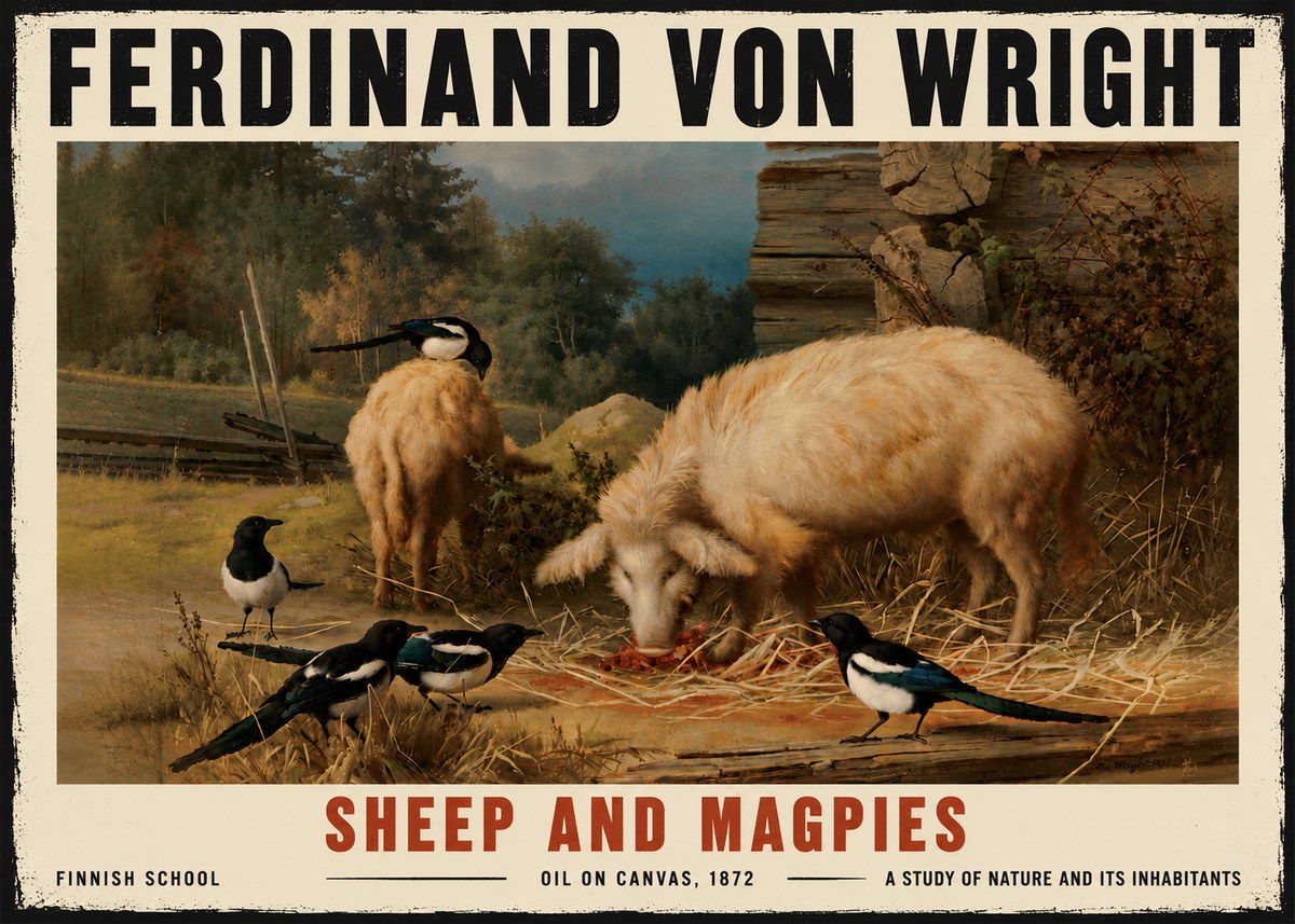 Ferdinand von Wright Sheep and Magpies No6 - Poster
